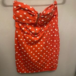 Strapless red mini polka dotted dress